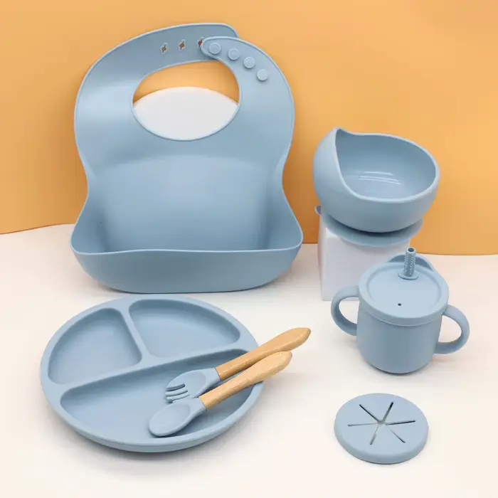 Ensemble de vaisselle en silicone pour bébé, bavoir, assiette à manger, bol avec ventouse, tasse d'e