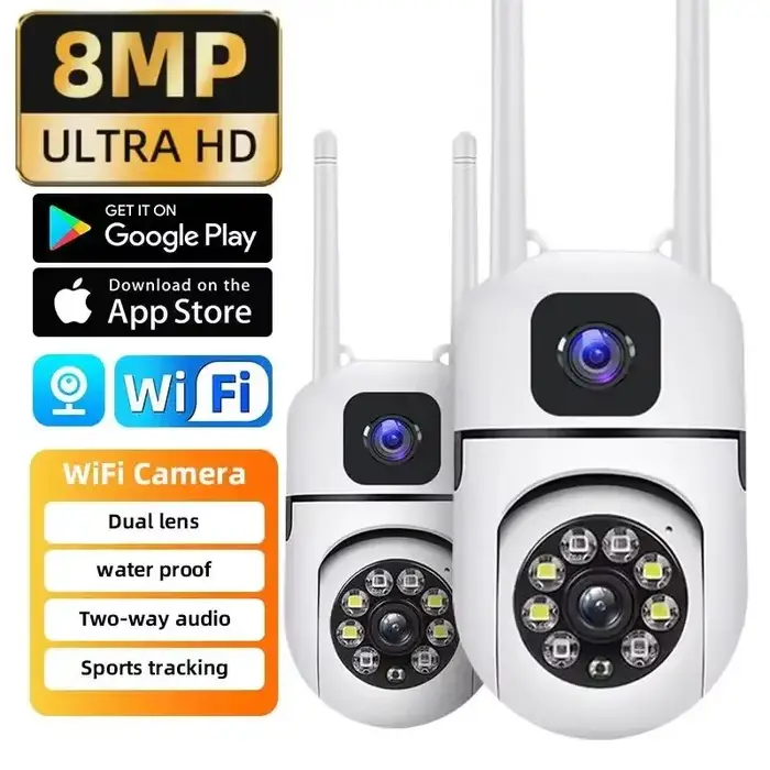 Caméra de sécurité extérieure WiFi 8MP double lentille avec suivi IA et vision nocturne couleur pour surveillance bébé