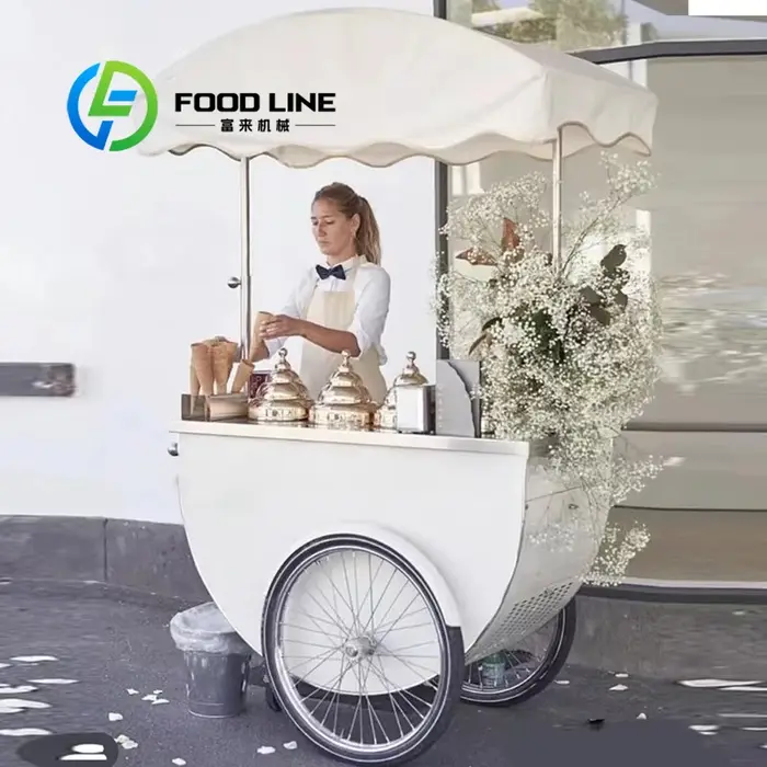 Chariot de vente mobile personnalisé en gros, stand de présentation de fleurs et de snacks pour évén