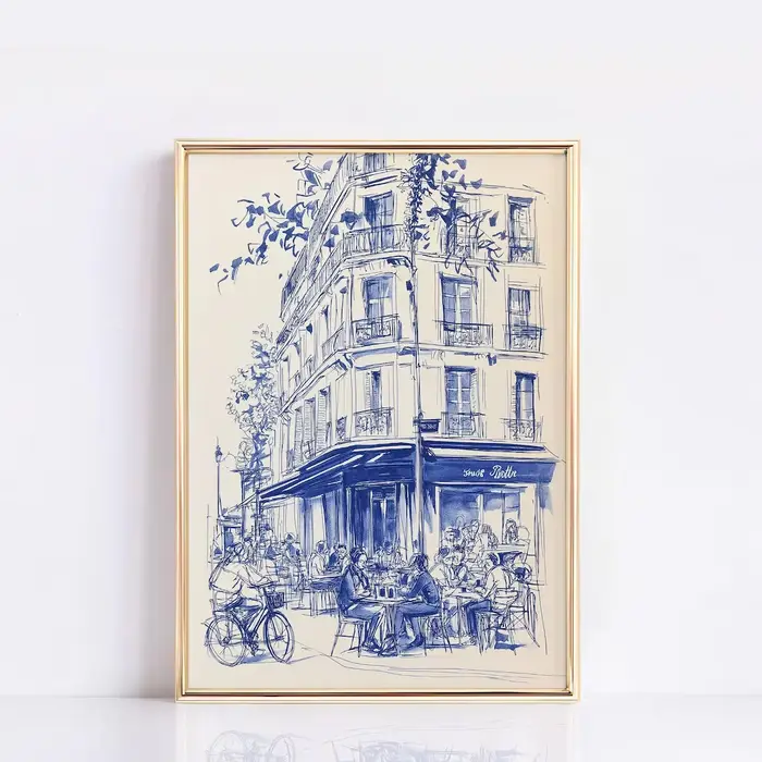 Affiche d'art linéaire Café de Paris, Décoration murale Bistro français, Dessin minimaliste de Paris