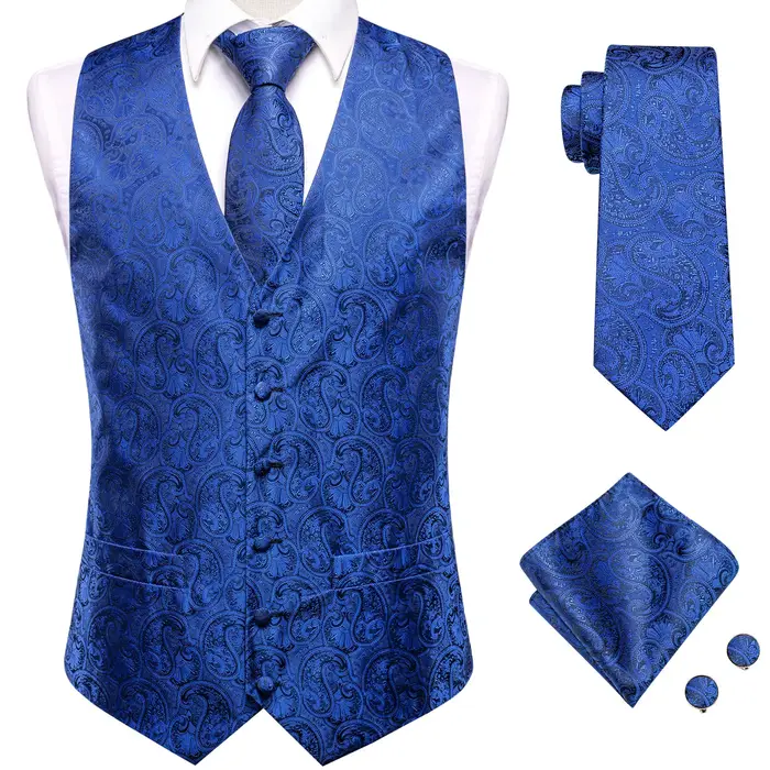 Ensemble Gilet et Cravate pour Homme Bleu Marine Royal, Veste sans Manches, Cravate, Pochette, Bouto