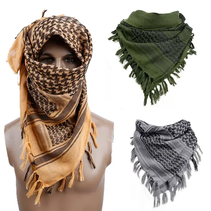 Foulard Keffiyeh Shemagh 110*110 cm, écharpe carrée du désert avec pompon pour la chasse, la randonn