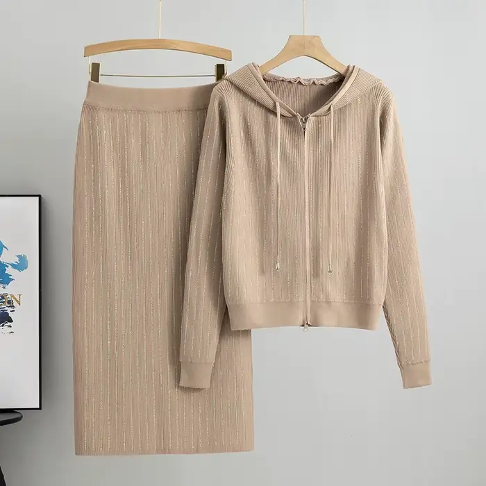 Cardigan tricoté pour femmes, taille haute, jupe enveloppée dans les fesses, costumes 2 pièces, ense
