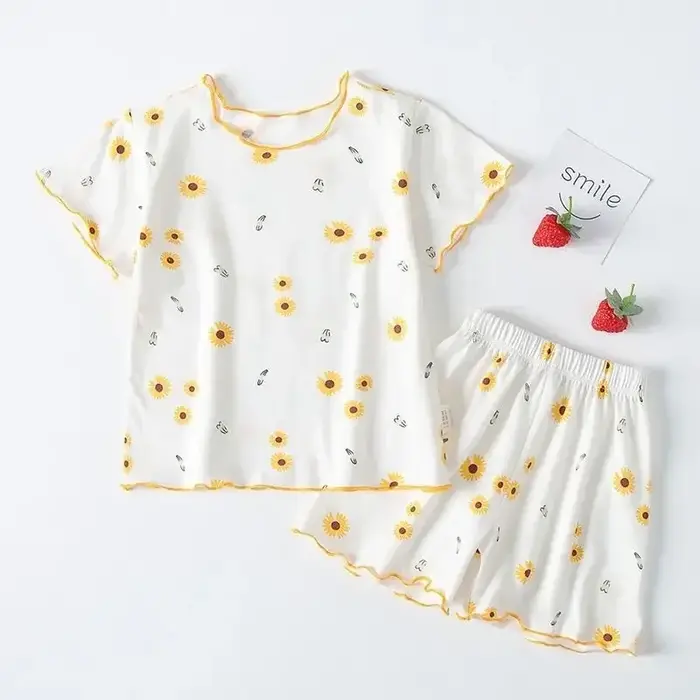 Ensemble pyjama d'été pour filles, imprimé fraises, short et t-shirt pêches roses, vêtements d'intér