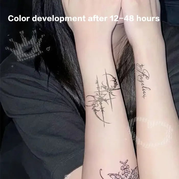 Sexy Hotwife tendance tatouages temporaires bras imperméable faux tatouage gothique foncé croix jus de plantes tatouage autocollant Bodyart charme fête