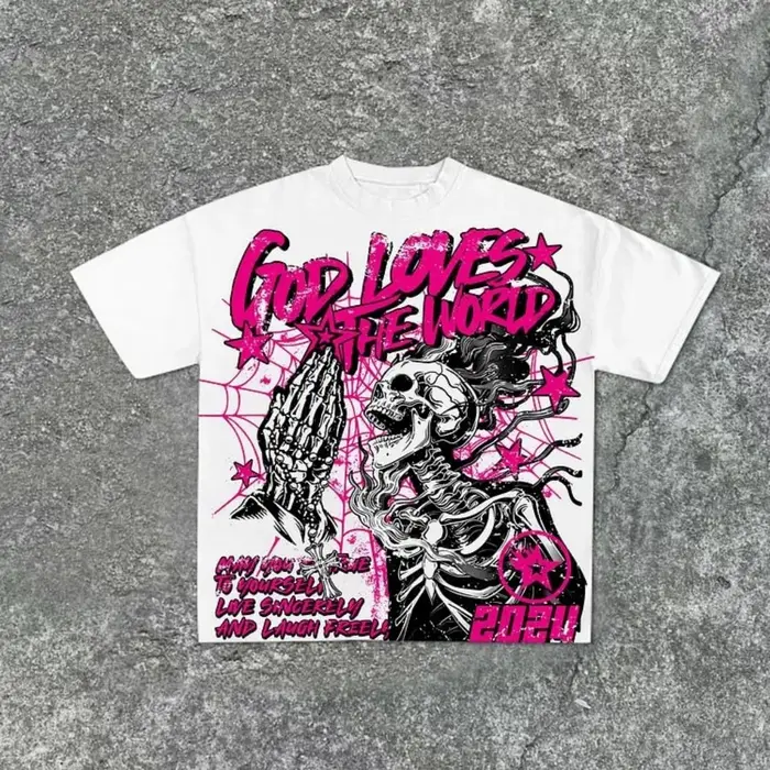 T-shirt col rond pour hommes, imprimé graffiti de crâne personnalisé, confortable et respirant, haut