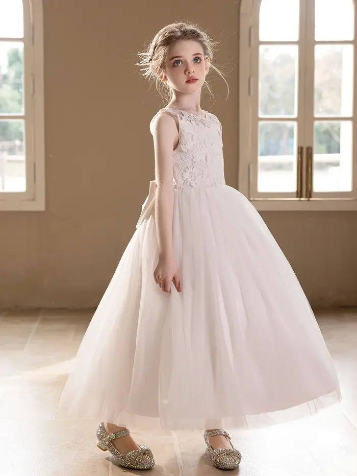 Robe de mariée en gaze blanche pour adolescentes, broderie en dentelle, grand nœud, robe de soirée g