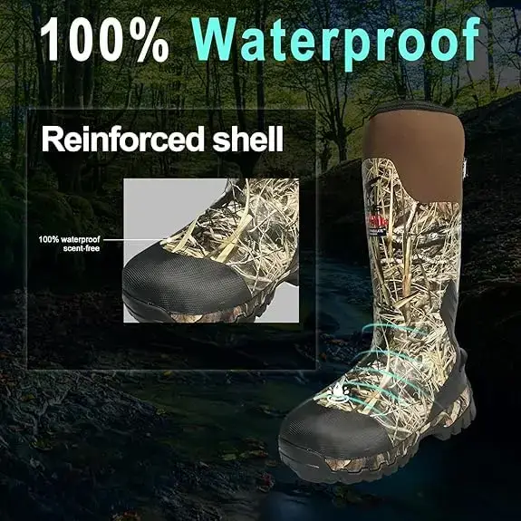 Bottes de chasse imperméables isolées à 8 ventilateurs pour hommes – Thinsulate 1000G, néoprène 5 mm, botte camouflage en caoutchouc, arbre de 17 pouces, antidérapant