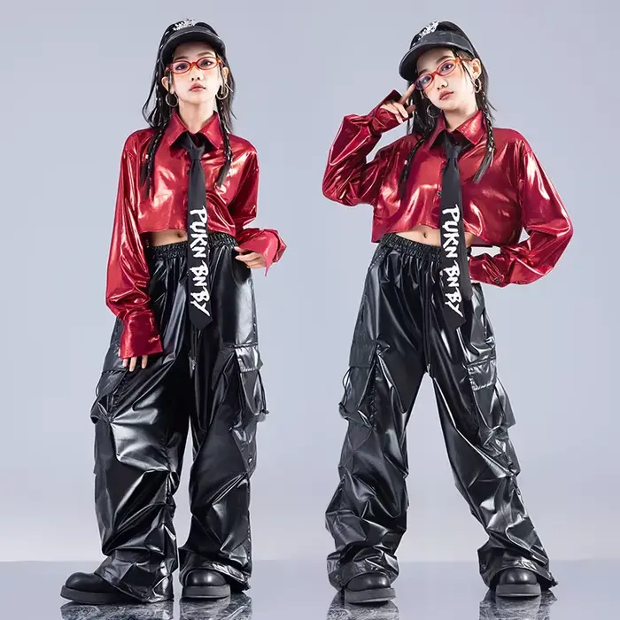 Haut court rouge à manches longues, pantalon en cuir, Costume de danse Jazz, vêtements pour filles, 