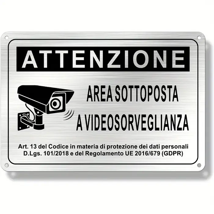 Panneau de signalisation de sécurité italien 20x30cm – Bannière en aluminium pour zone de vidéosurve