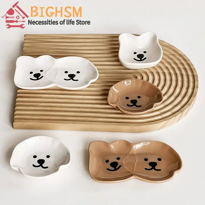 Bol à sauce en céramique avec motifs de chiens et ours mignons pour collations, sauces, sushi et soja - Idéal pour dîners familiaux et apéritifs