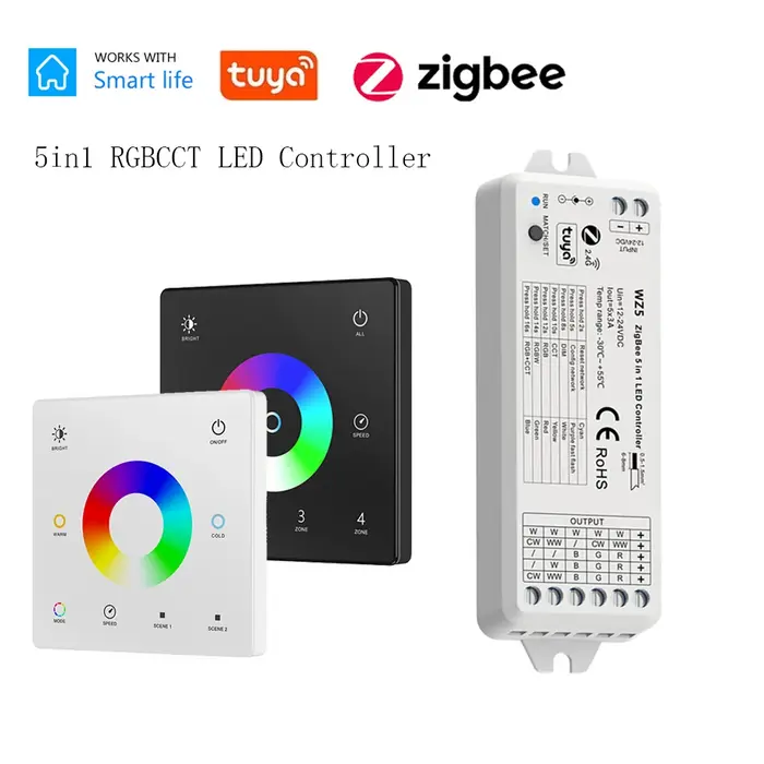 Tuya Zigbee 3.0 RGB + CCT LED de contrôle variateur bande RGBCW 12V 24V panneau tactile 4 zones à di