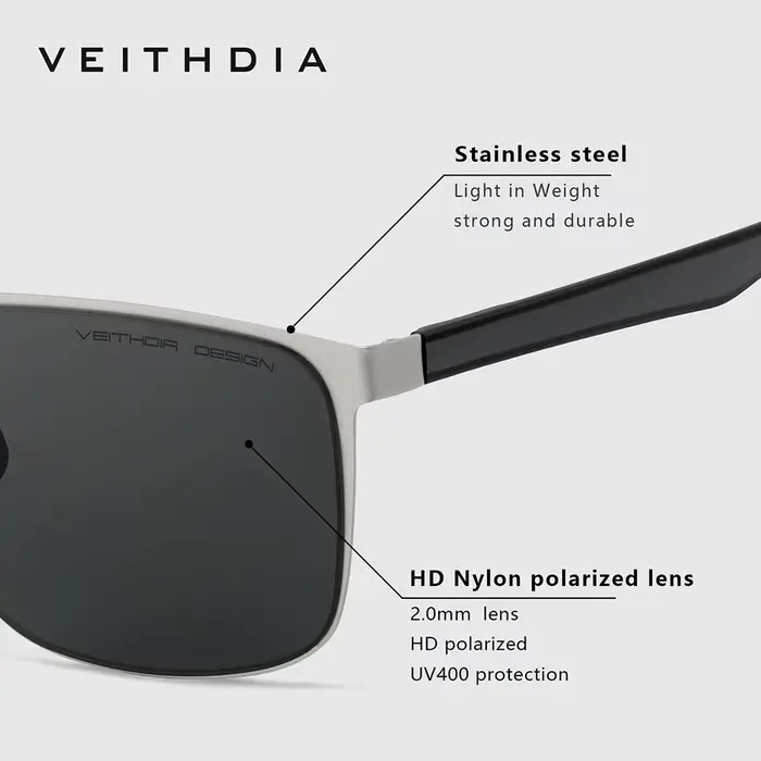 Lunettes de soleil vintage de marque VEITHDIA pour hommes et femmes, en acier inoxydable, verres en 