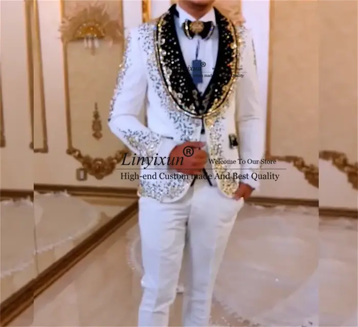 Costumes de luxe ornés de diamants pour hommes, blazers de Rhpersonnalisés, smokings de mariage, sty