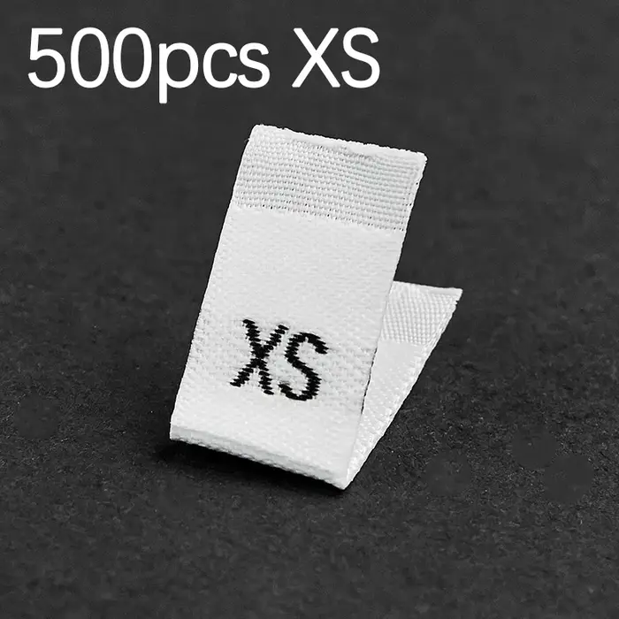 500 pièces Étiquettes de taille pour vêtements texte noir, blanc, pour t-shirt et robe, en tissu, XS