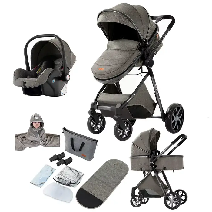 Poussette Bébé Fonctionnelle 3-en-1, Conduite Fluide avec Siège Auto Sécurisé, Nacelle Confortable e