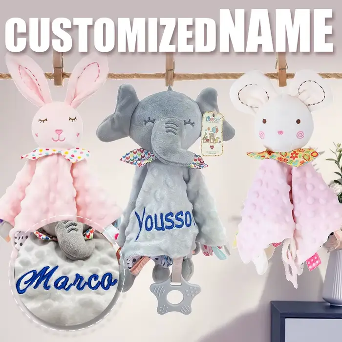 Doudou personnalisé avec nom, lapin en peluche et hochet en silicone pour bébés – Cadeau idéal pour 