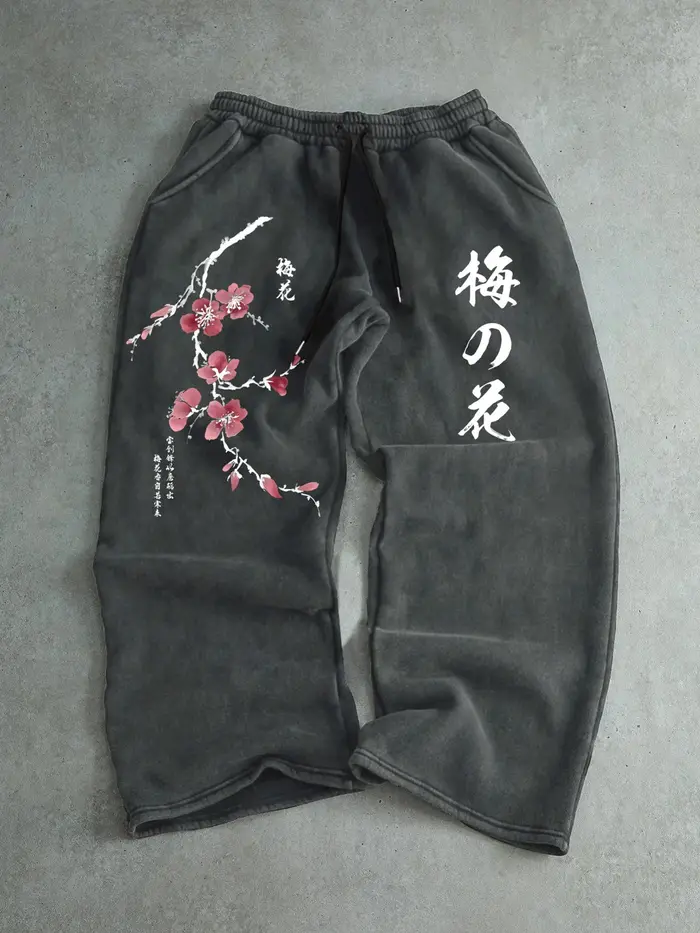 Pantalons décontractés pour hommes avec imprimé fleurs de prunier + design textuel japonais, tendanc