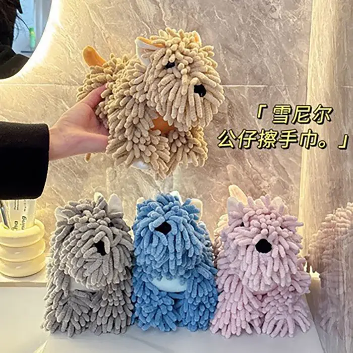 Serviette à main en chenille en forme de chien de dessin animé mignon, serviette absorbante suspendue pour la cuisine et la salle de bain