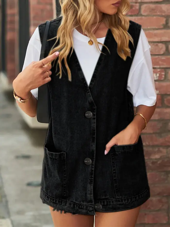 Benuynffy Vintage grand col en V Denim gilet femmes printemps été lavé poches décontractées sans man