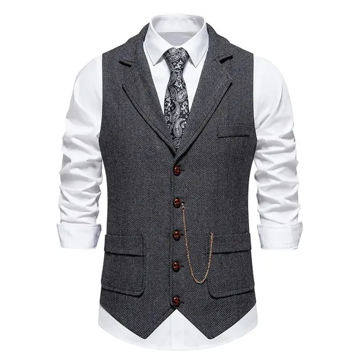 Gilet rétro à chaîne à revers pour hommes, mode chevrons, poches en Tweed grossier, gilet de costume