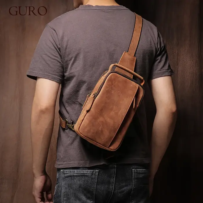GURO-Sac à bandoulière en cuir véritable pour homme, sac de poitrine vintage, sac de voyage masculin