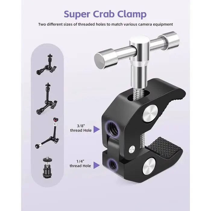Bras magique réglable avec super pince, bras articulé de 9 pouces, pince à friction, kit de vis à crabe pour caméra, moniteur, lumière