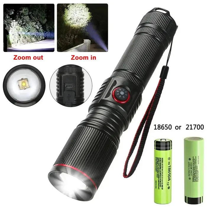 Lampe de poche Laser blanche LED puissante, batterie 18650 ou 21700, lampe torche Zoom en alliage d'