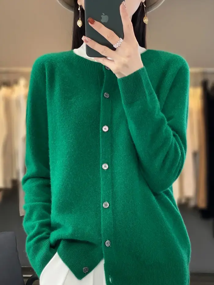 Cardigans en laine mérinos pour femmes, pull en cachemire, col rond, manches longues, tricot, vêteme