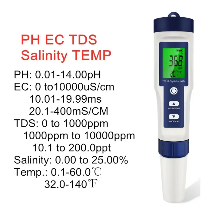 Compteur numérique PH TDS EC 5 en 1, testeur de température de salinité, conductivité, filtre à eau,
