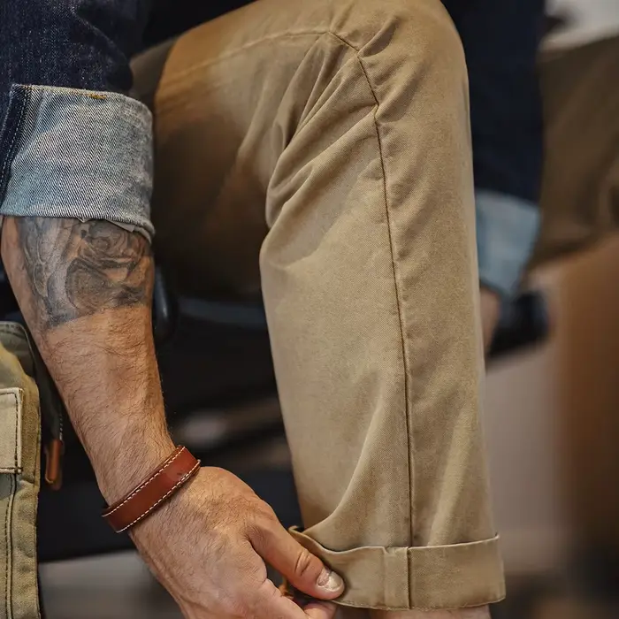 Pantalon vintage homme en twill coton lourd - Coupe droite classique automne - Workwear avec fermeture éclair