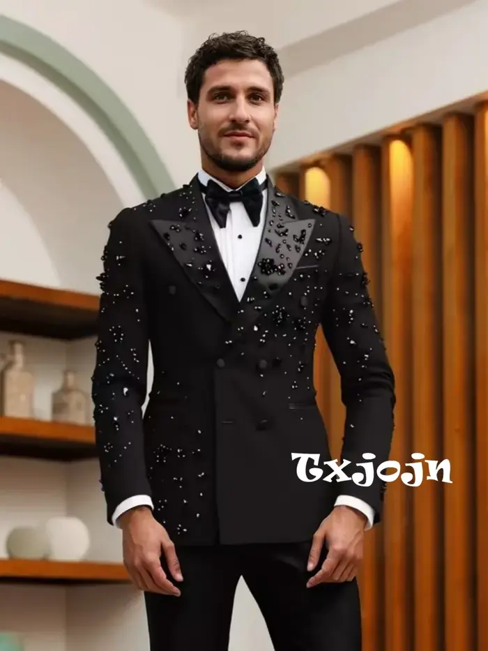 Costume Homme Noir Opulent en Cristal 2 Pièces – Ensemble Mariage et Cérémonie Grande Taille – Coupe