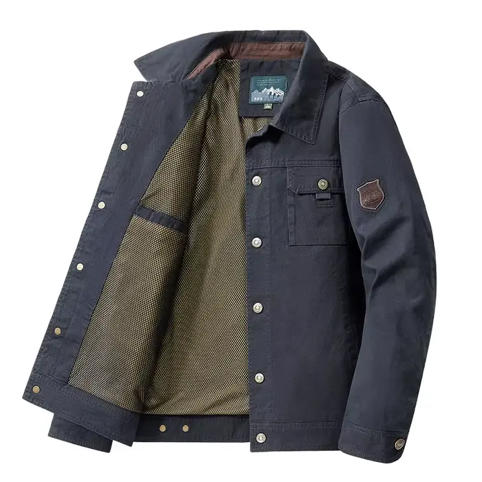 Veste de travail rétro pour homme, coupe décontractée, col chemise, multi-poches, vêtement d'extérieur polyvalent pour le printemps et l'automne, idéal pour les hommes d'âge mûr