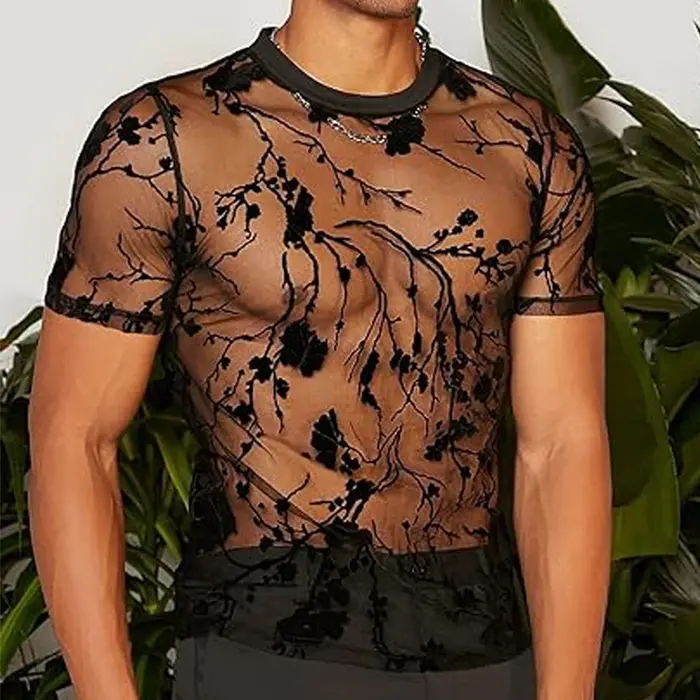 Vêtements d'été pour hommes, T-shirt en maille et dentelle, Streetwear, pull ajouré à col rond, t-sh