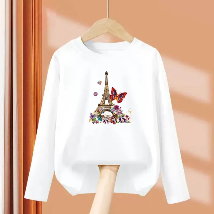 Filles nouveaux vêtements d'automne Paris tour Eiffel T-shirt à manches longues couverture en coton petite fille papillon t-shirts de fête