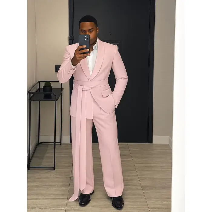 Costume rose pour homme, tenues chics, 2 pièces, veste et pantalon, ensemble de blazer pour homme, b