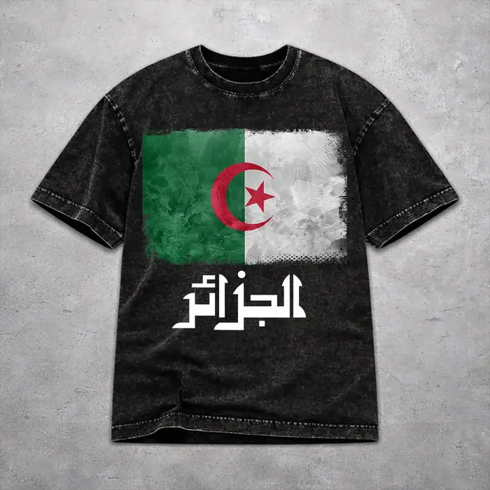 T-shirt DZ Algérie avec drapeau algérien, style délavé, pour hommes et femmes, 100% coton