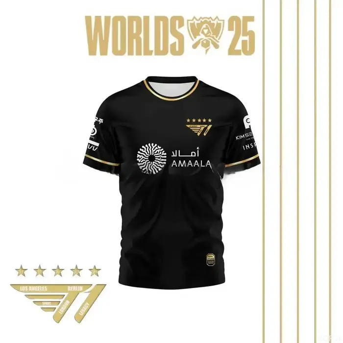 Faker Jersey League of Legends 2025 Champion du monde Maillot de l'équipe tout noir T-shirt Lol Esports Lck T1 Team Grand haut