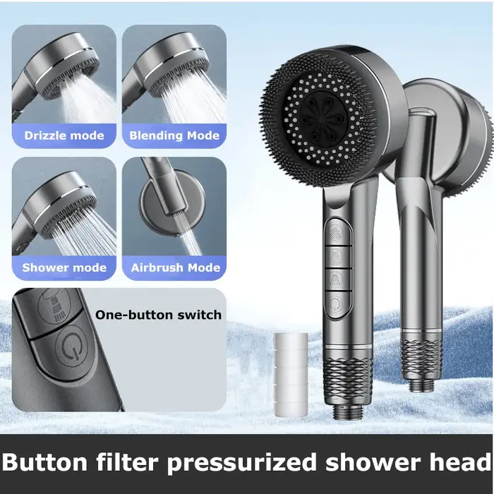 Pommeau de douche multifonction 4 vitesses avec filtre booster et joint d'eau accessoire salle de bain