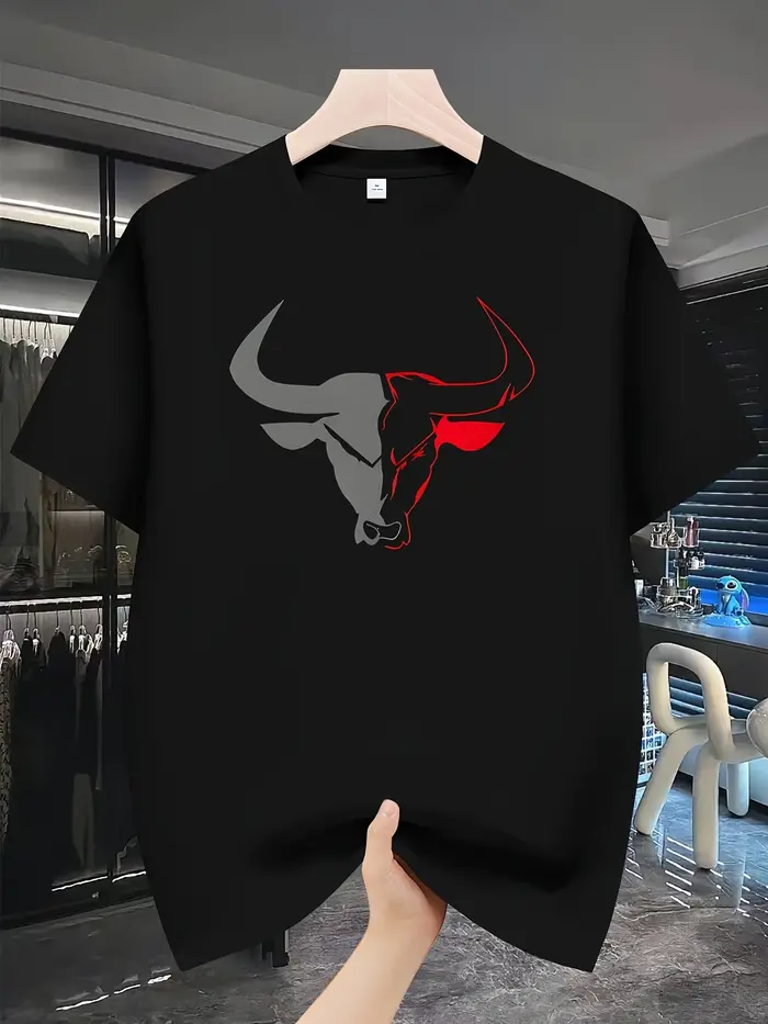 T-shirt homme en coton 100% doux de qualité supérieure, imprimé tête de taureau gris et rouge, parfa