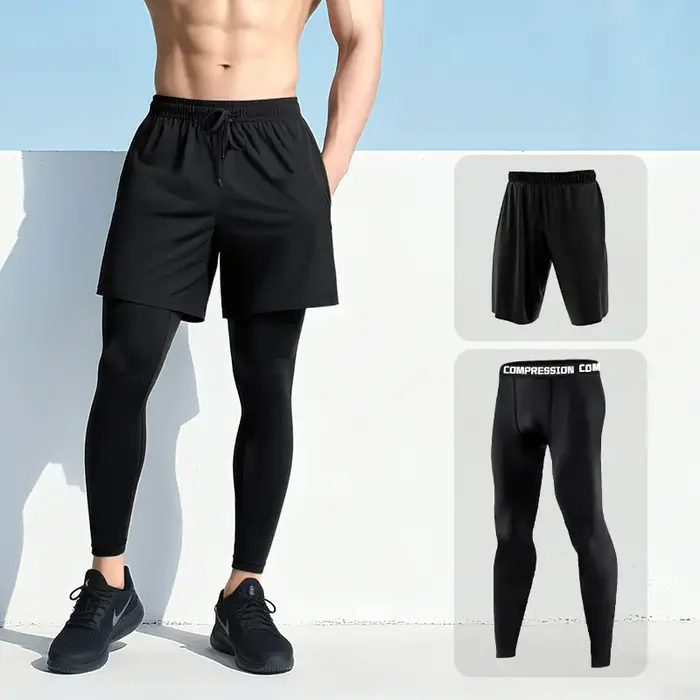 Pantalons de Compression pour hommes avec short, Leggings d'entraînement de course à pied, haute éla