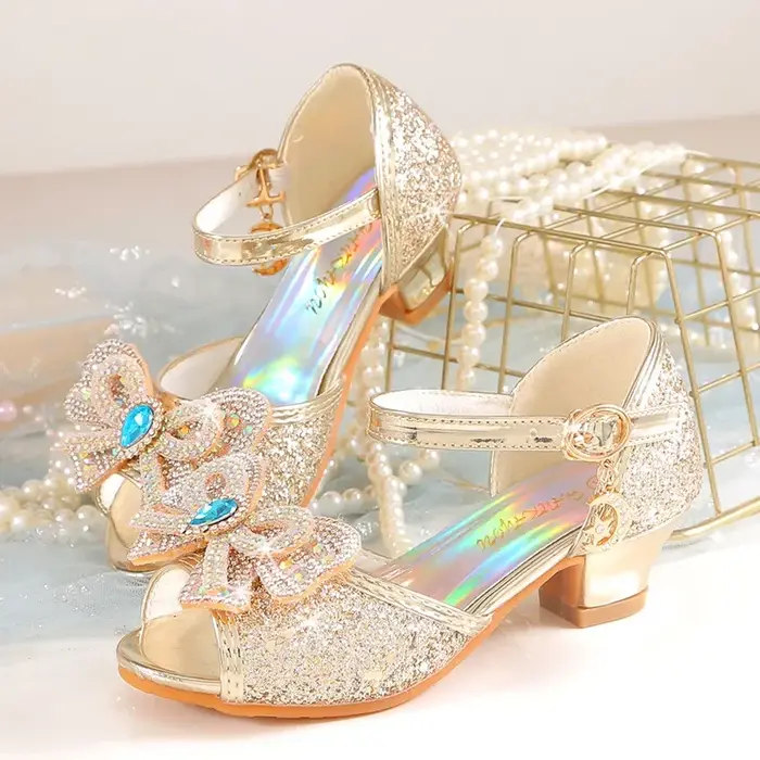 Sandales d'été à talons pour filles, chaussures à paillettes brillantes avec strass, chaussures de d
