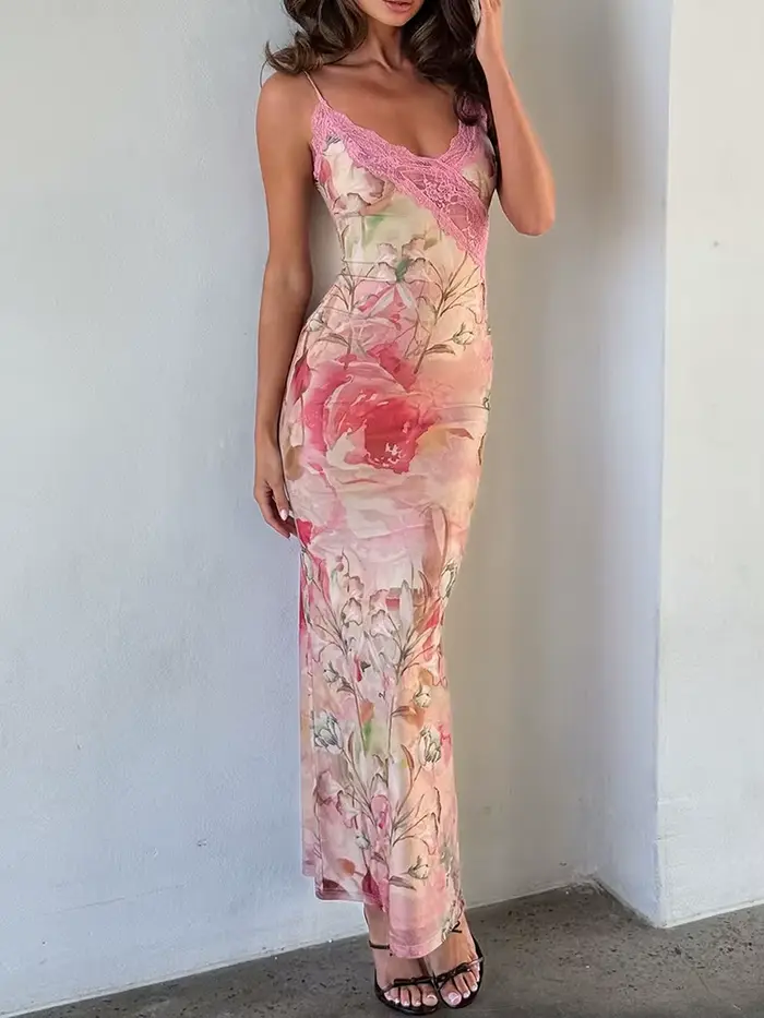 Robe longue décontractée sans manches à col en V pour femme, sexy, dos nu, imprimée, coupe ajustée, patchwork, à volants, pour soirée et club, été 2026
