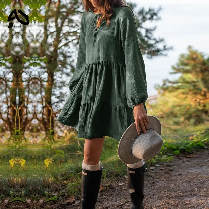 Original Robe en mousseline 100% coton, style rétro, ample, à lacets, à volants, manches longues, ve
