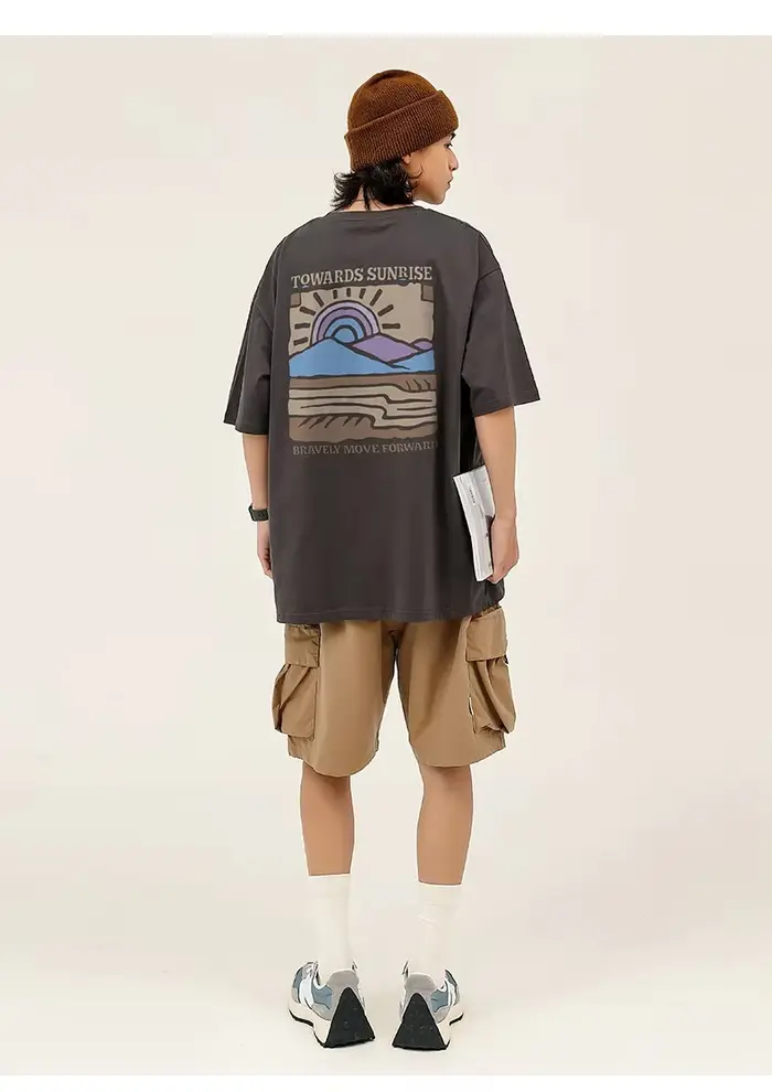 T-shirt Homme Été 2026 Rétro Imprimé Paysage Lettres Col Rond Décontracté Ample Style Urbain 100% Co