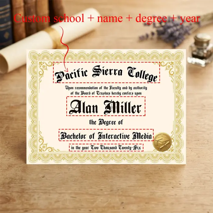 6 cartes de diplôme personnalisées, nom, établissement scolaire, diplôme et année personnalisés, faux diplôme de remise de diplôme, pour accessoire photo de fête ou carte postale