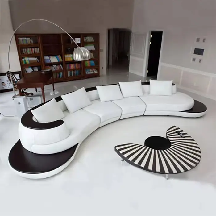 Canapé sectionnel incurvé moderne de luxe en cuir véritable, Design blanc et noir, décoration contem