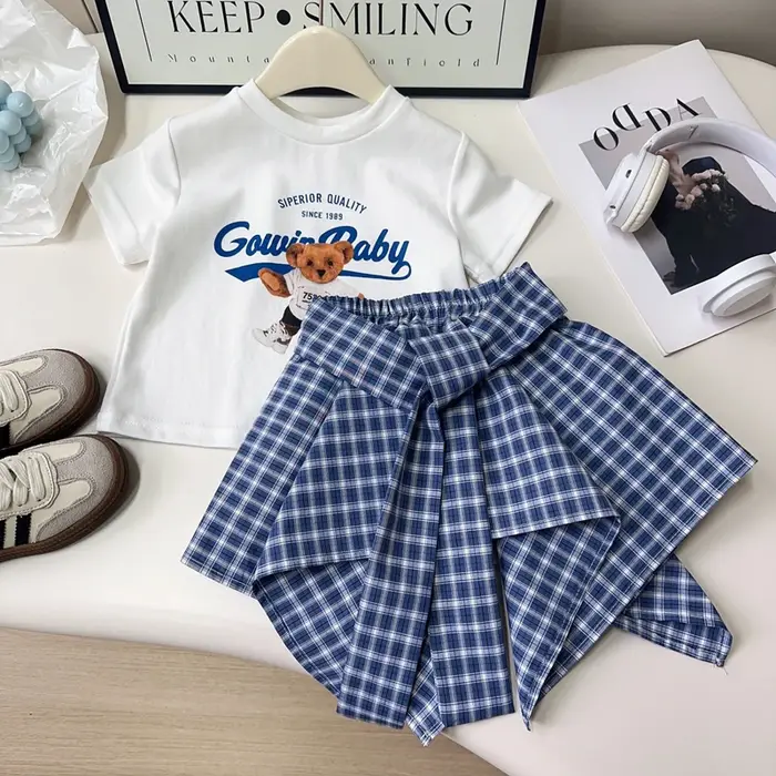 Ensemble de vêtements d'été pour filles, T-Shirt à manches courtes + jupe à carreaux imprimé ours de