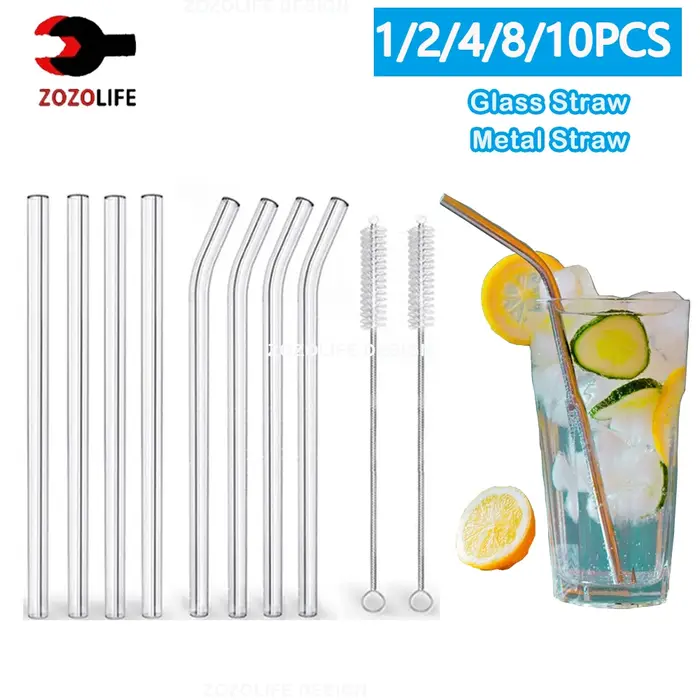 Pailles en verre écologiques réutilisables, 1 à 10 pièces, en métal avec brosses, pour boissons, Smo