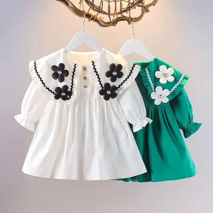 Robe version coréenne pour enfants printemps et automne mode fille pur coton fleur poupée cou robe i